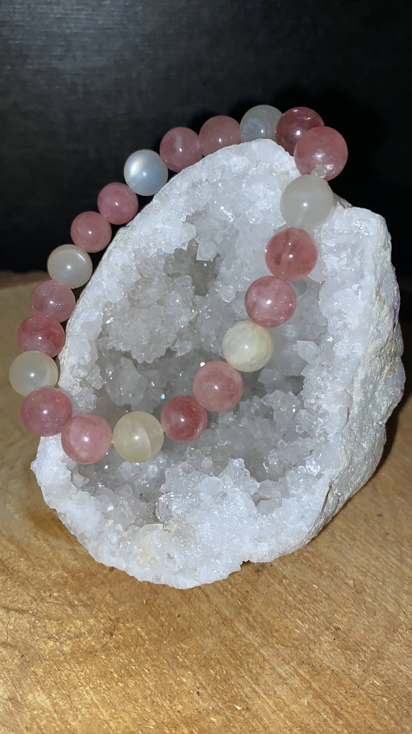 Bracelet Quartz rose, Pierre de lune et Pierre de soleil 8mm