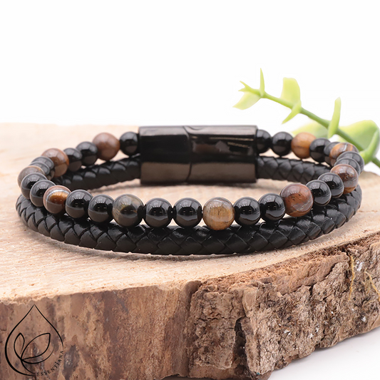 Bracelet cuir noir oeil de tigre et onyx 6mm