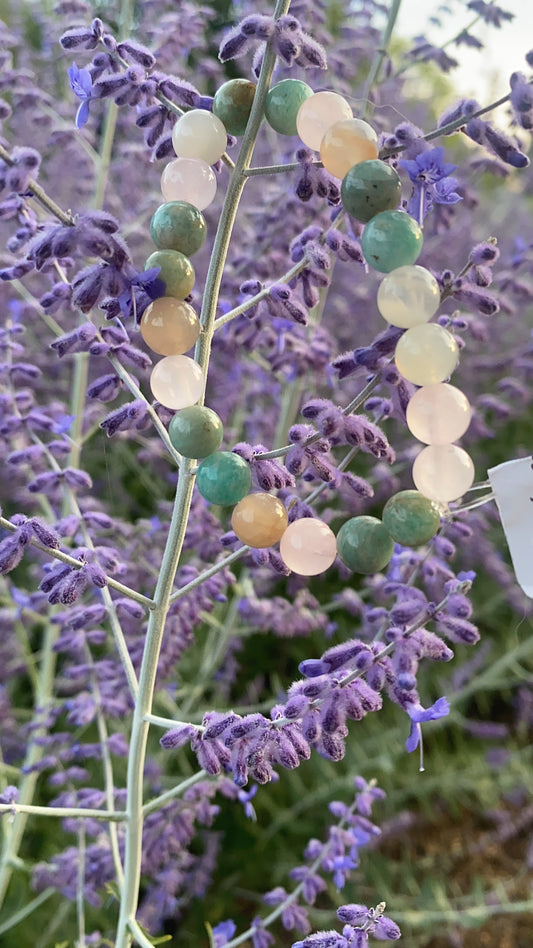 Bracelet Quartz rose, Pierre de lune et Amazonite 8mm