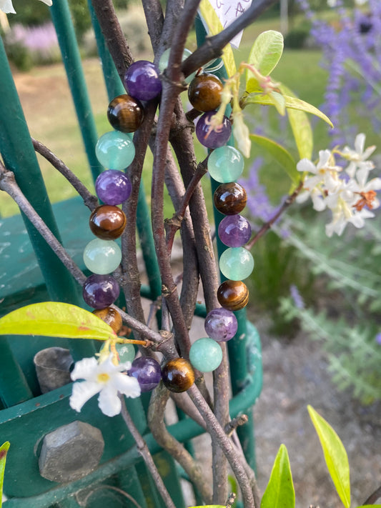 Bracelet œil de tigre, Améthyste et Aventurine verte 8mm