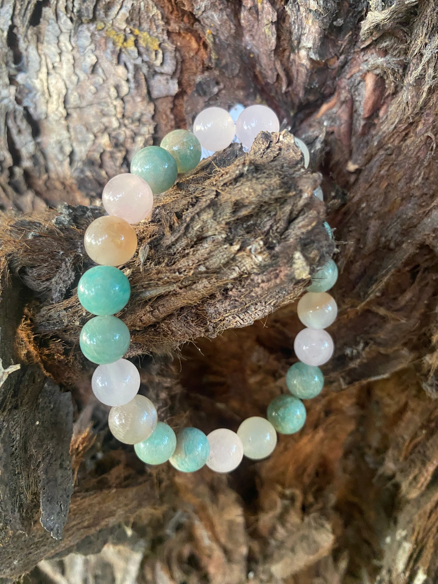 Bracelet Quartz rose, Pierre de lune et Amazonite 8mm